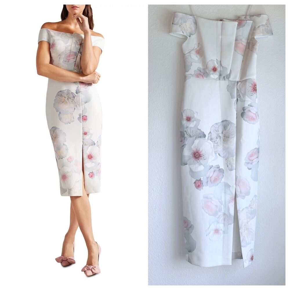NWT Ted Baker Lovez Off-the-Shoulder Midi Sheath Dress in Natural Floral Size 0